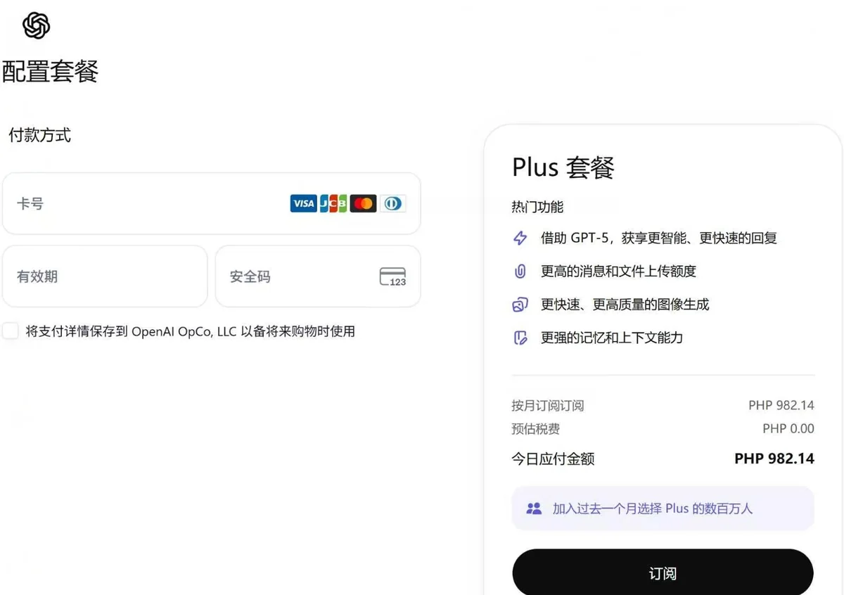 ChatGPT Plus 结账页面信用卡填写区域示例,用于说明银行卡被拒常发生在确认订阅环节
